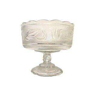 EO Brody Glass Co Clear Pedestal Bowl Cleveland Ohio Dots Floral Pressed Glass